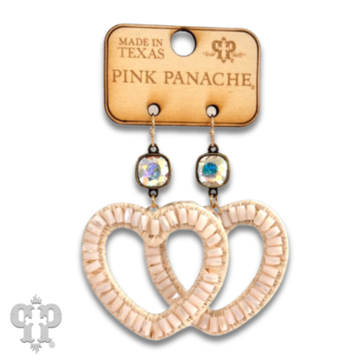 Pink Panache Brands raffia and bead heart earrings with Austrian crystal accents, featuring ivory-colored design and intricate details.