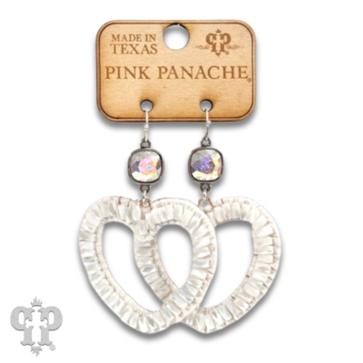Pink Panache Brands ivory raffia and bead heart earrings with Austrian crystal accents, featuring a delicate and stylish design.
