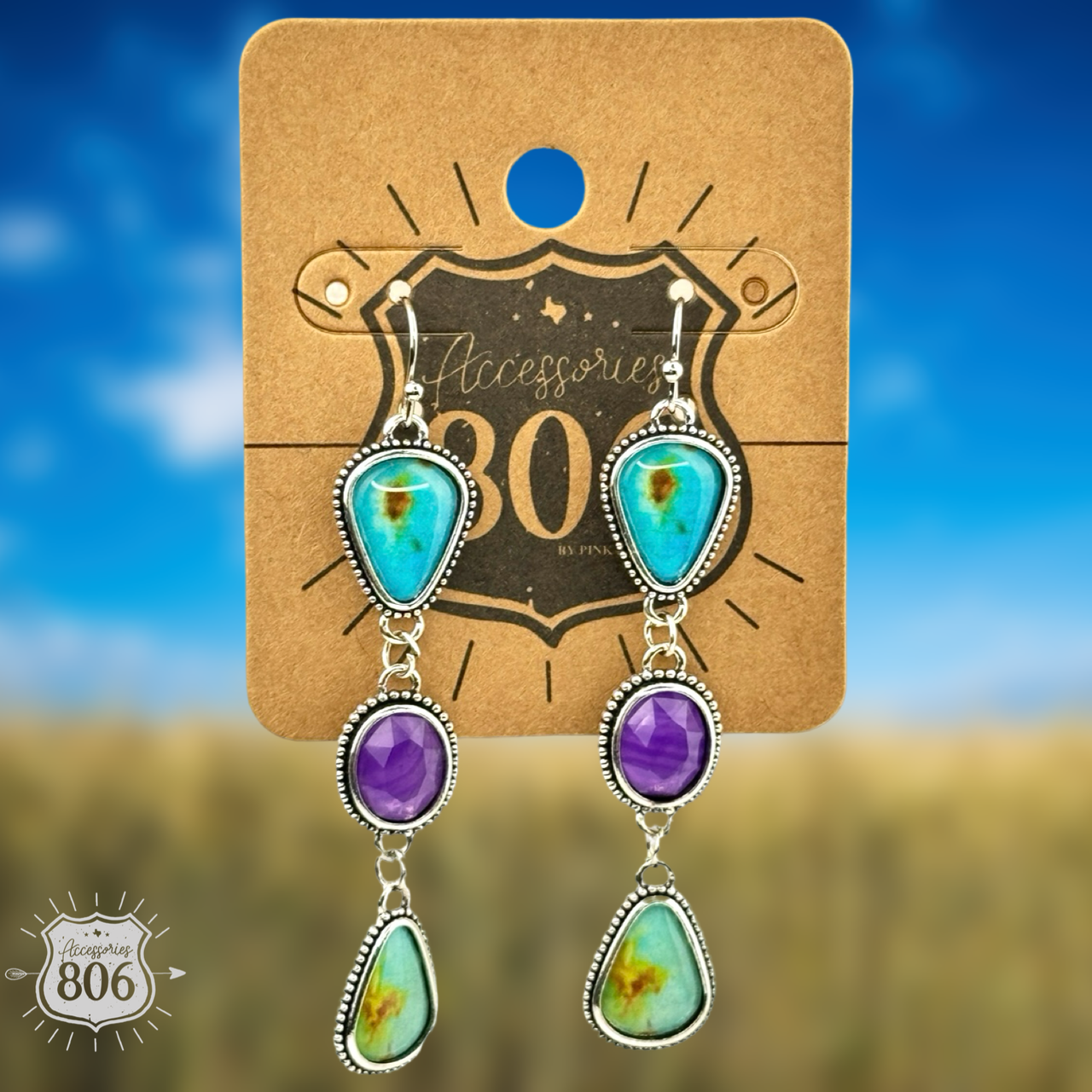 Pink Panache Brands stone triple drop earrings with colorful stones and elegant design, perfect for stylish accessories.