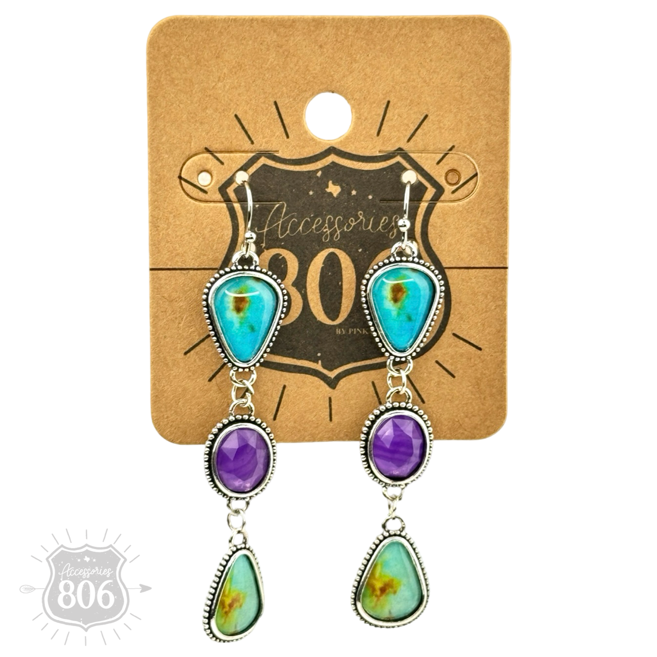 Pink Panache Brands multi-color stone triple drop earrings featuring elegant dangling earrings with vibrant stones.