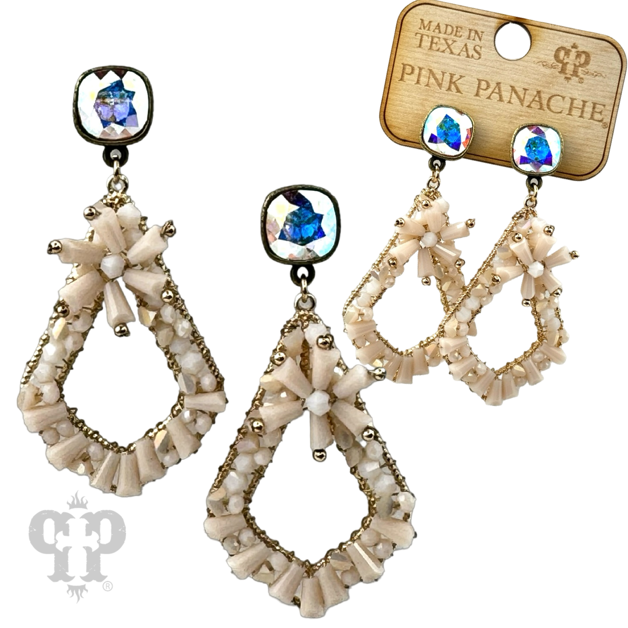 Pink Panache beaded teardrop earrings with Austrian crystals, showcasing delicate pink beads and sparkling crystal accents.