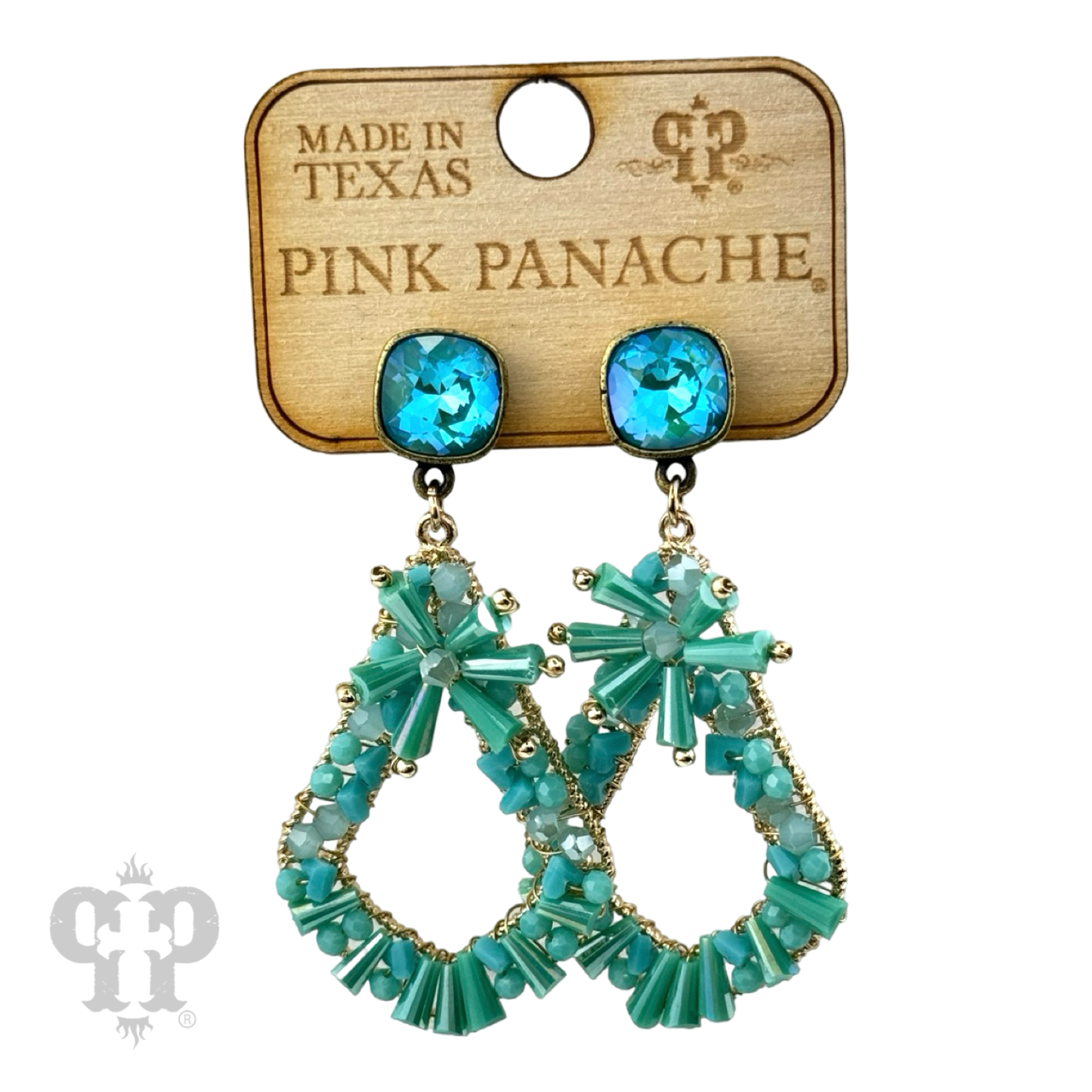 Pink Panache Brands beaded teardrop earrings with Austrian crystal and pink accents, showcasing intricate craftsmanship and sparkling details.