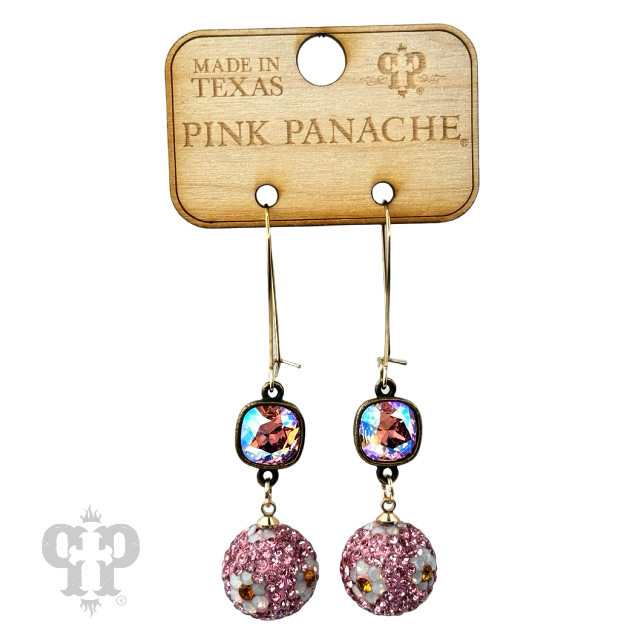 Pink Panache Brands floral pattern dangle earrings with purple Austrian crystals and crystal mesh design.