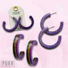 Pink Panache Brands purple Mardi Gras hoop earrings, colorful jewelry with festive design, suitable for celebration and accessorizing.