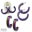 Purple Mardi Gras hoop earrings by Pink Panache Brands with festive, colorful design and gold accents.