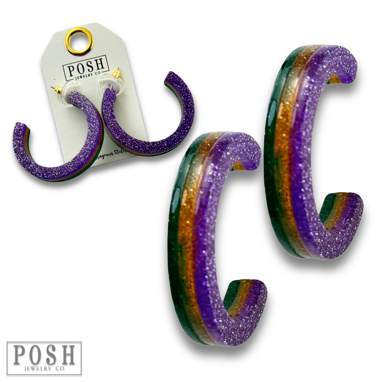 Purple Mardi Gras hoop earring from Pink Panache Brands featuring vibrant, festive jewelry design.