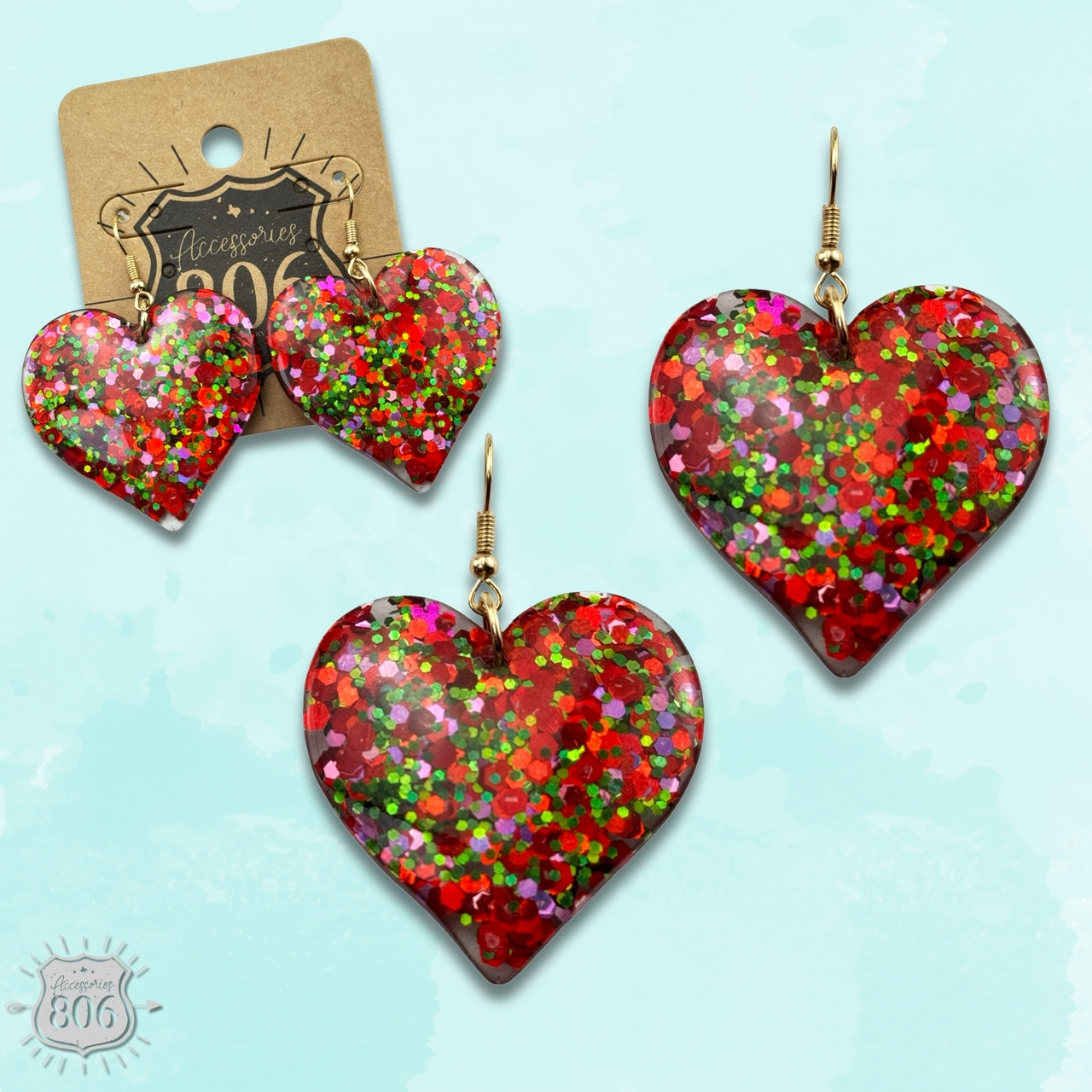 Red acrylic glitter heart earring from Pink Panache Brands featuring a shiny, vibrant heart-shaped design perfect for stylish accessories.