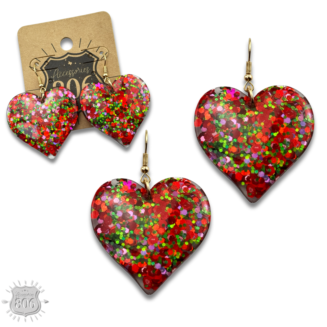 Red acrylic glitter heart earring from Pink Panache Brands, featuring a shiny, sparkly heart-shaped design for stylish wear.