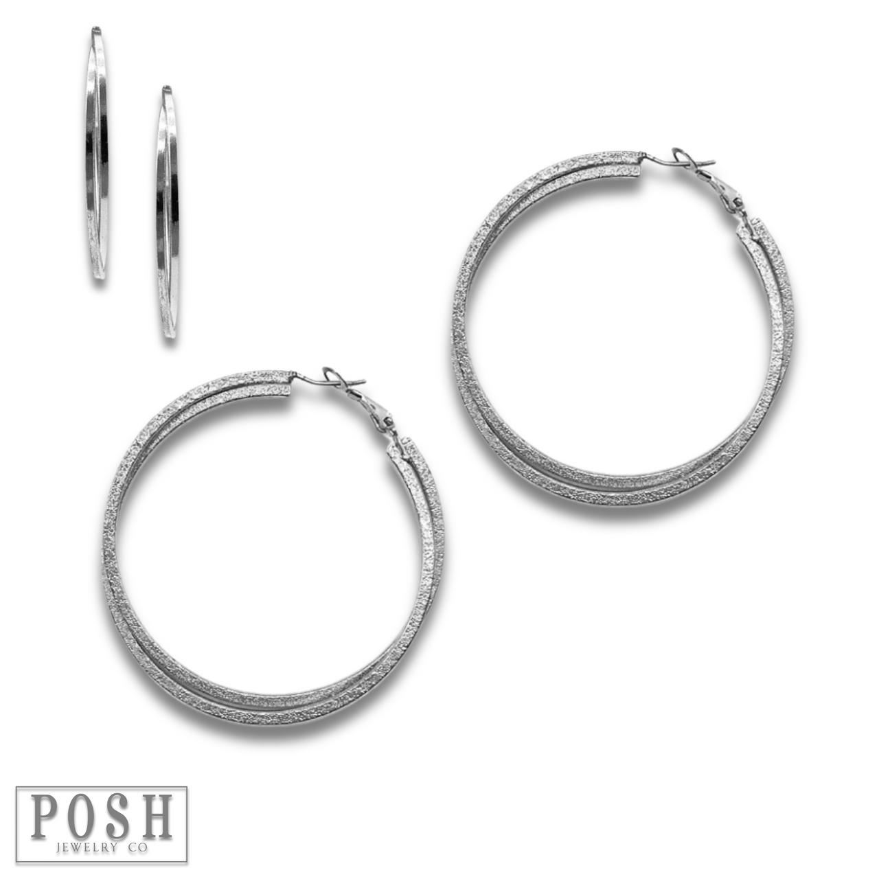 Silver double crossover hoop earring by Pink Panache Brands featuring a stylish overlapping design.