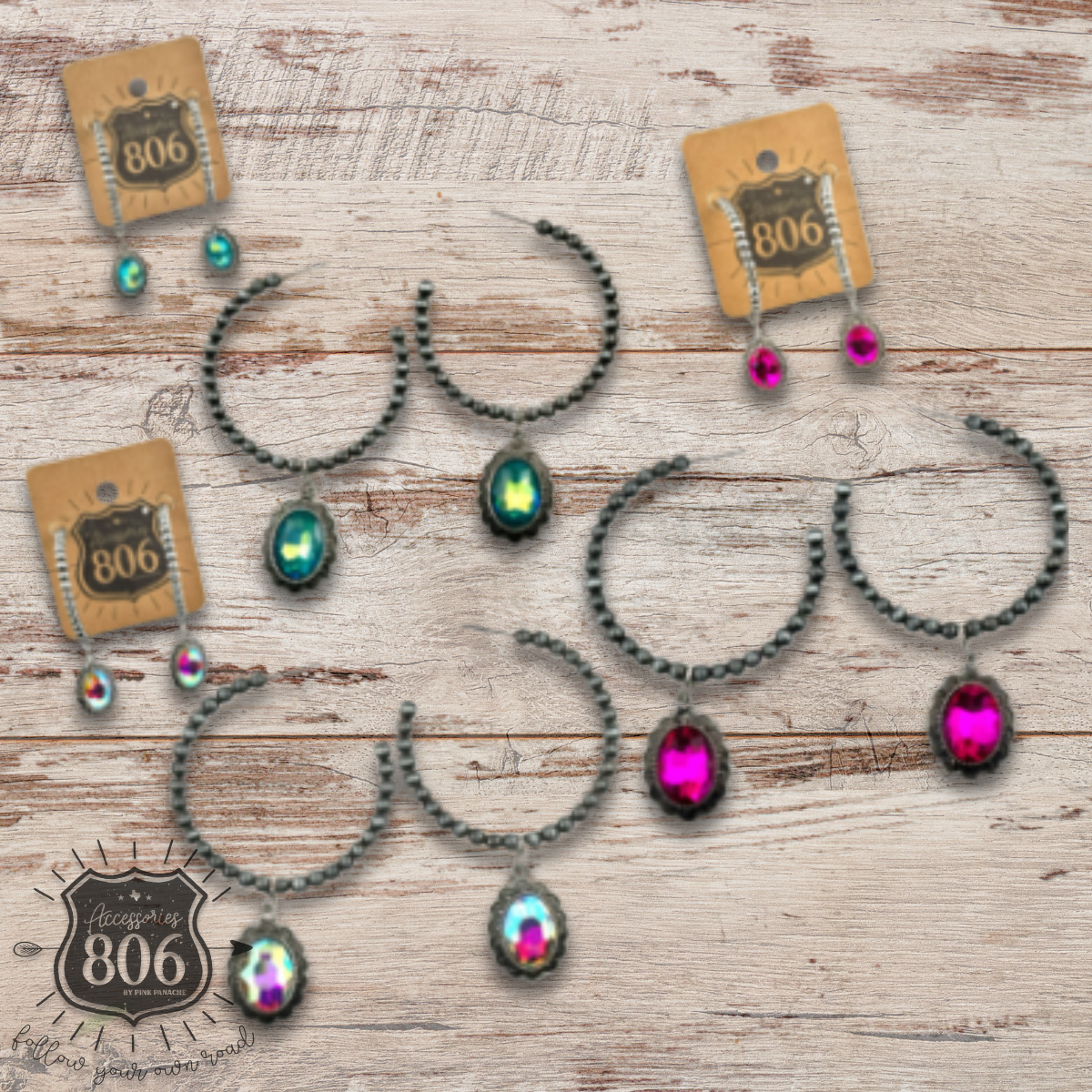 Silver Navajo style bead hoop earring with oval rhinestone charm, showcasing intricate beadwork and sparkling embellishments.