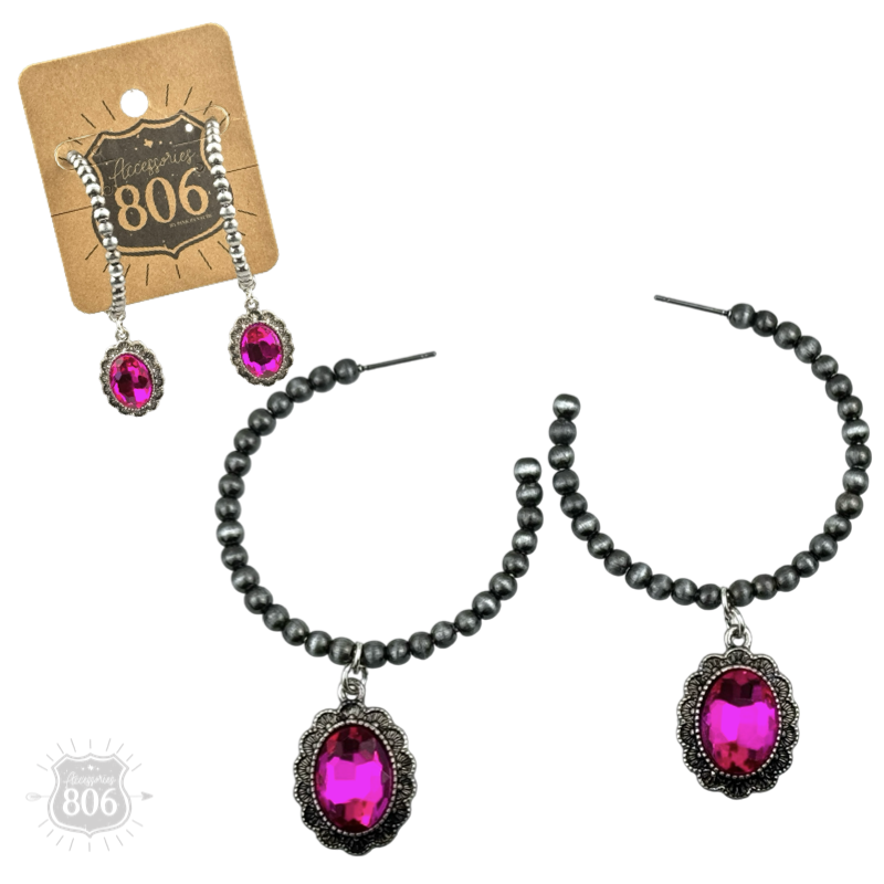 Silver Navajo style bead hoop earring with oval rhinestone charm, crafted by Pink Panache Brands.