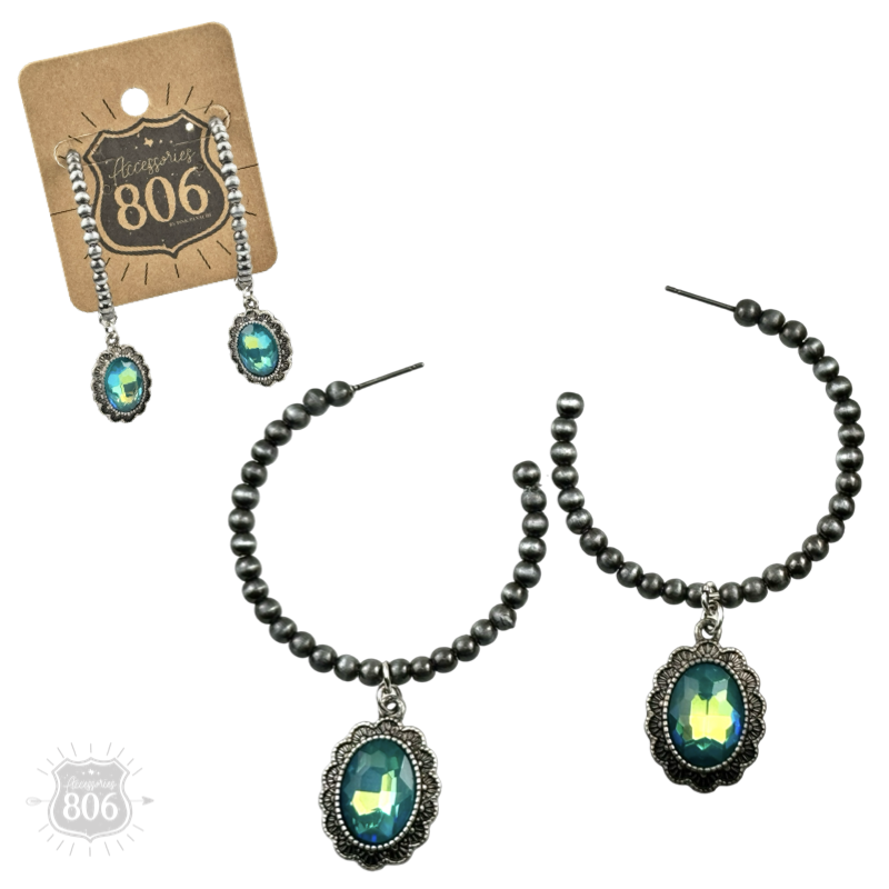 Silver Navajo style bead hoop earring with oval rhinestone charm by Pink Panache Brands, detailed and stylish jewelry accessory