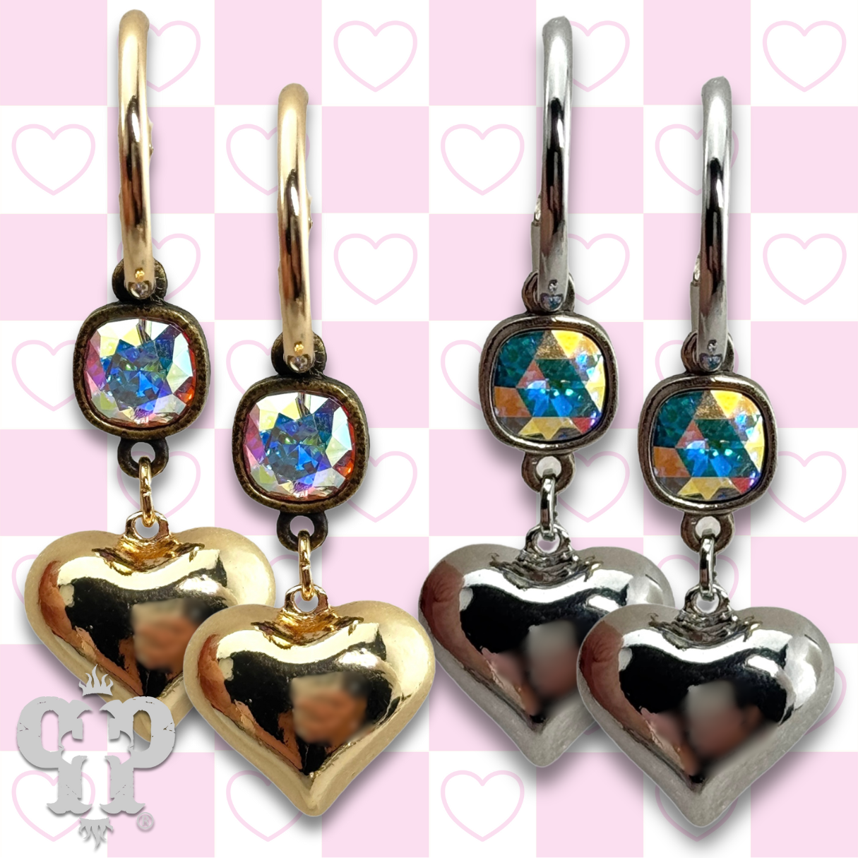 Silver puffed heart earring with Austrian crystal from Pink Panache Brands, showcasing a delicate, sparkling jewelry design.