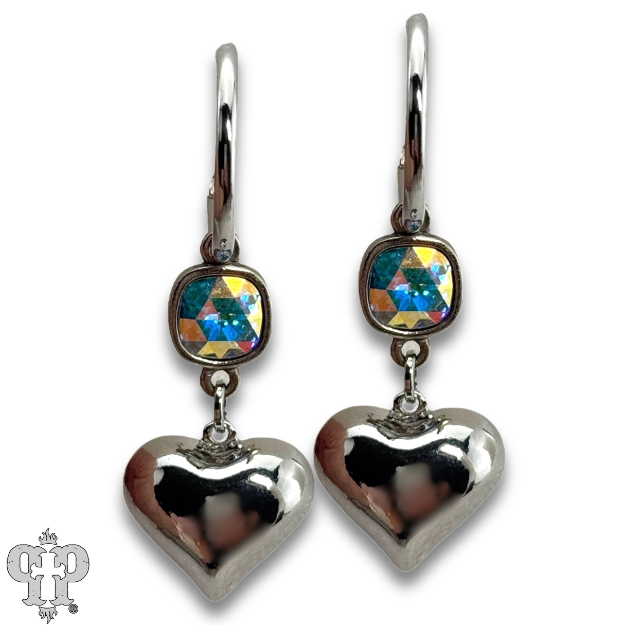 Silver puffed heart earring by Pink Panache Brands featuring sparkling Austrian crystal for a stylish look.