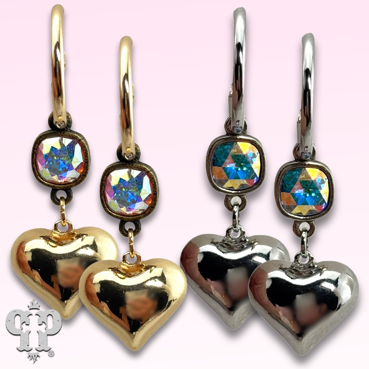 Silver puffed heart earring from Pink Panache Brands with sparkling Austrian crystal, stylish and elegant jewelry accessory.