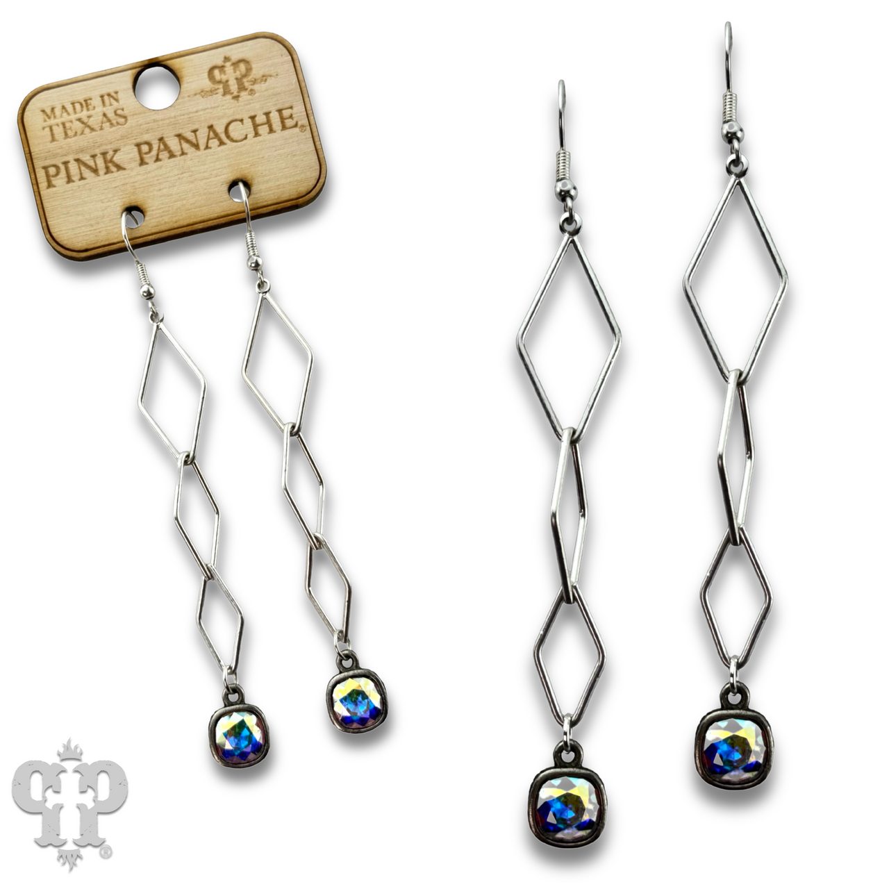 Silver diamond drop earring with Austrian crystal from Pink Panache Brands, showcasing sparkling crystals and elegant design.