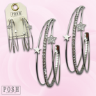 Silver triple hoop earrings with rhinestones and star charms, stylish jewelry from Pink Panache Brands