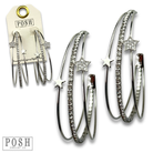 Silver triple hoop earrings by Pink Panache Brands featuring rhinestones and star charms.