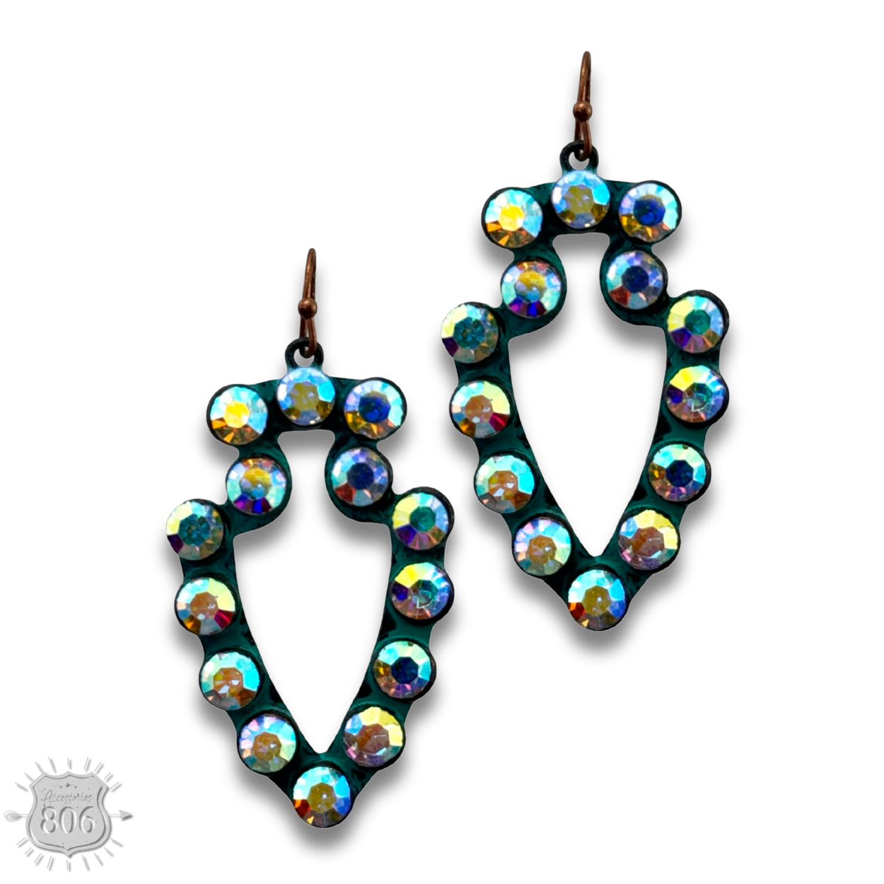 Turquoise rhinestone arrowhead earring by Pink Panache Brands featuring sparkling stones and arrowhead design.