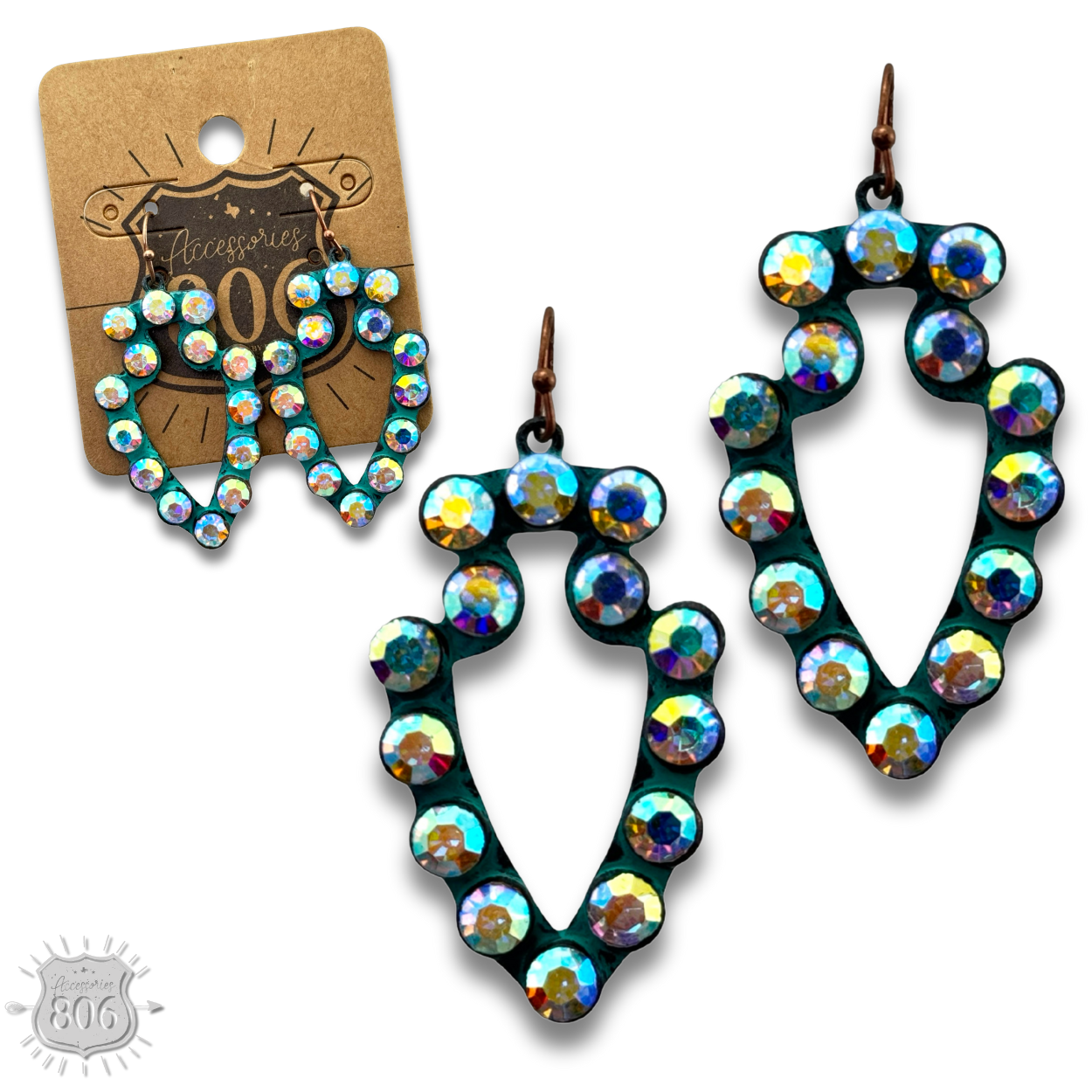 Pink Panache Brands turquoise rhinestone arrowhead earrings, showcasing sparkling arrow-shaped design with rhinestones.