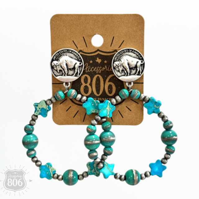 Turquoise tone bead buffalo nickel earring by Pink Panache Brands, featuring a colorful beaded design with nickel accents.