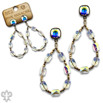 Pink Panache Brands faceted rectangle bead teardrop earrings with sparkling Austrian crystals, showcasing elegant jewelry design.