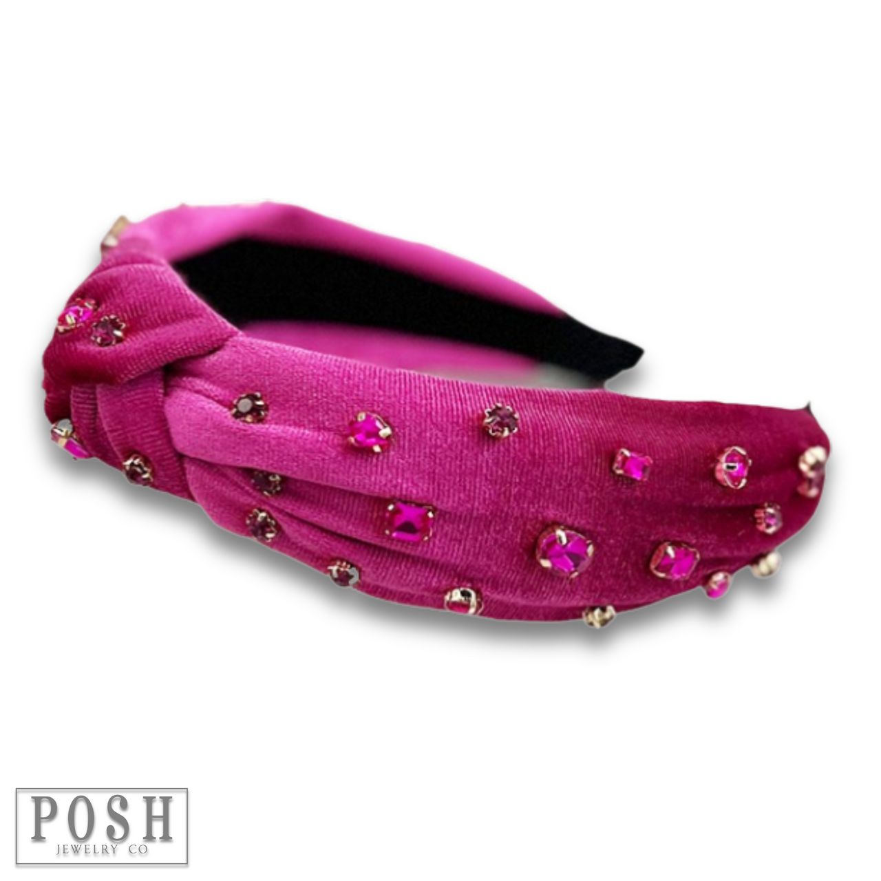 Fuchsia velvet rhinestone headband by Pink Panache Brands featuring sparkling rhinestones and a soft velvet finish.