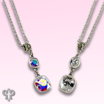 Silver double square Austrian crystal necklace from Pink Panache Brands featuring sparkling crystal accents.