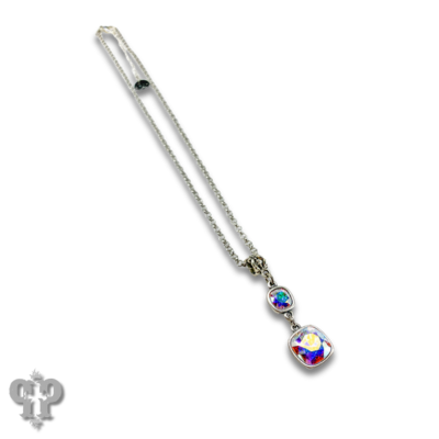 Double square Austrian crystal necklace from Pink Panache Brands featuring sparkling crystals on a silver chain.