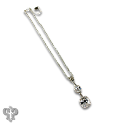 Pink Panache Brands double square Austrian crystal necklace featuring two silver-tone squares on a delicate chain.