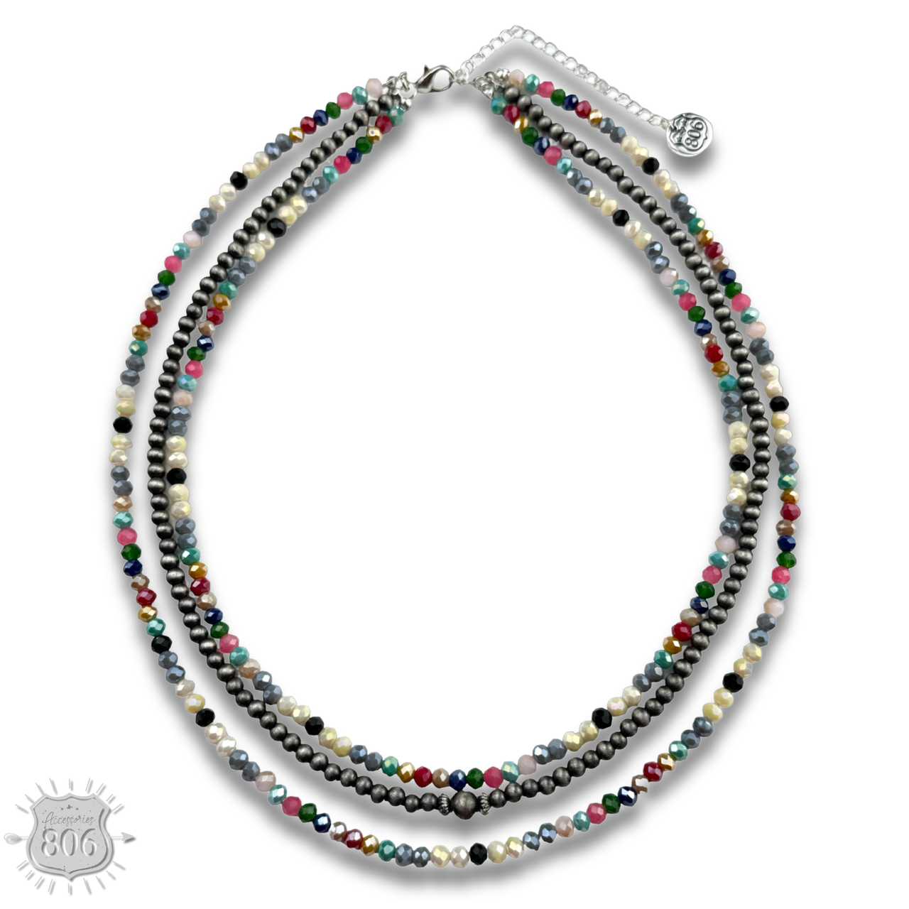 Multi-color and silver beaded necklace from Pink Panache Brands featuring vibrant beads and elegant design.