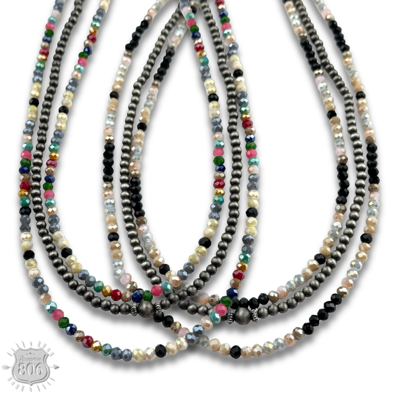 Multi-color and silver beaded necklace from Pink Panache Brands, featuring vibrant beads and elegant silver accents.