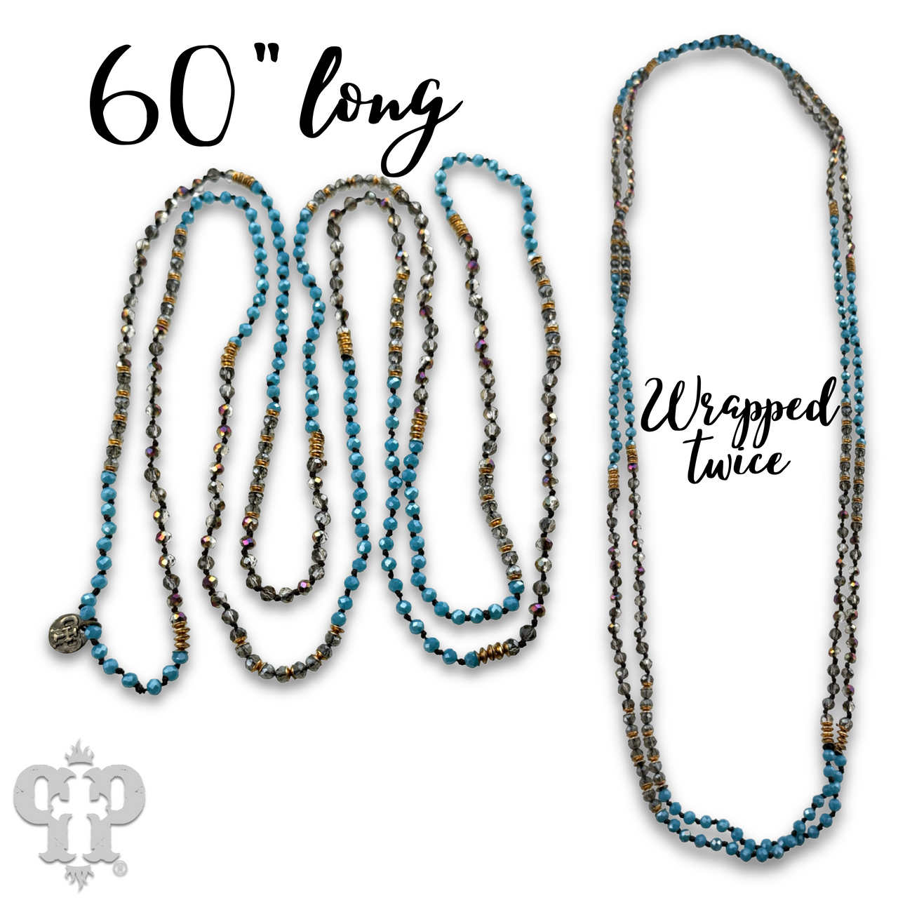 Turquoise blue bead necklace from Pink Panache Brands, featuring round beads and a stylish, casual jewelry design.