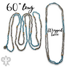 Turquoise blue bead necklace from Pink Panache Brands, featuring round beads and a stylish, casual jewelry design.