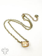 Austrian square crystal chain necklace by Pink Panache Brands with iridescent bronze 12mm crystals, close-up of the elegant jewelry.