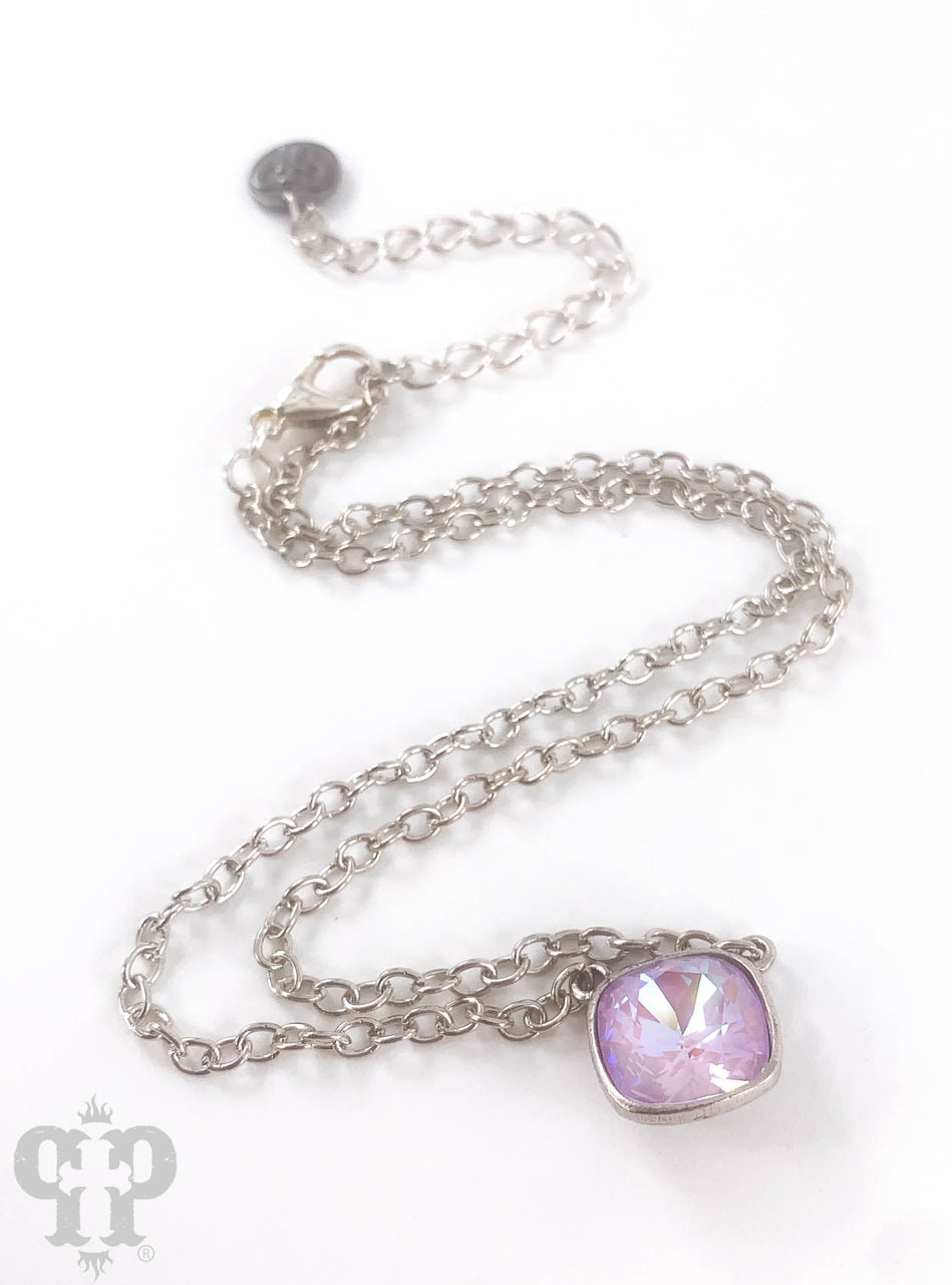 Austrian square crystal chain necklace by Pink Panache Brands with bronze iridescent 12mm crystals, close-up view of the sparkling jewelry.