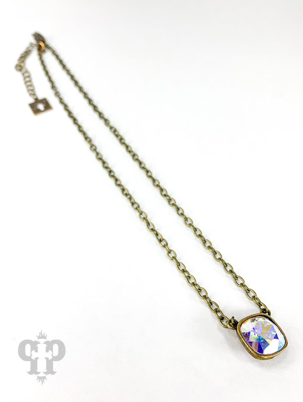 Austrian square crystal chain necklace in bronze iridescent finish, 12mm by Pink Panache Brands, featuring sparkling square crystals.