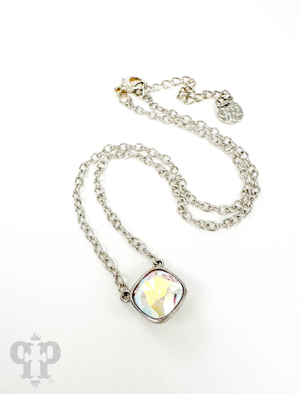 Austrian square crystal chain necklace by Pink Panache Brands featuring bronze iridescent 12mm crystals, close-up view of elegant jewelry.