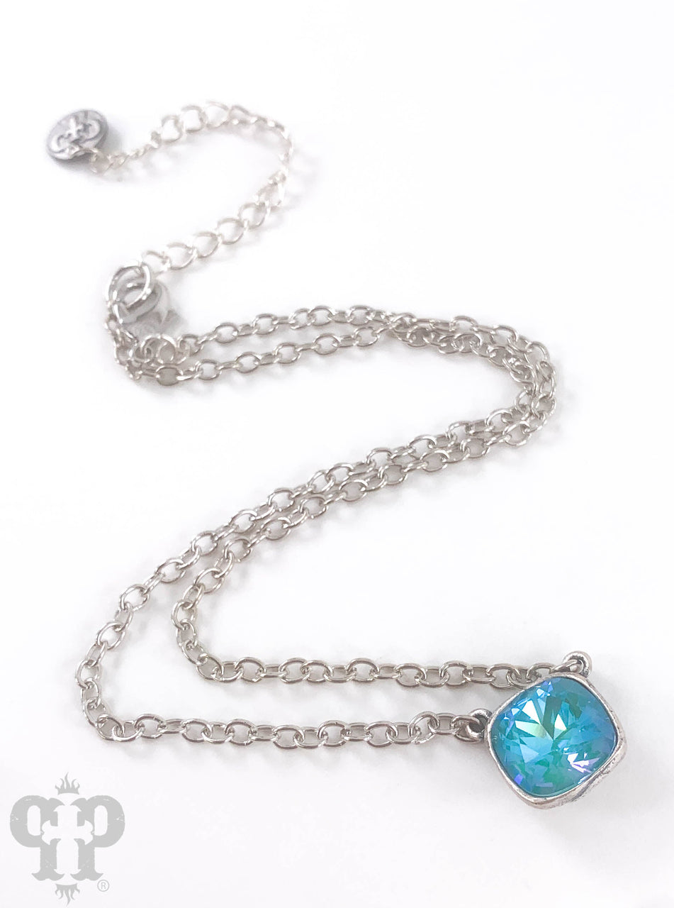 Austrian square crystal chain necklace by Pink Panache Brands featuring iridescent bronze 12mm crystals on a delicate chain.