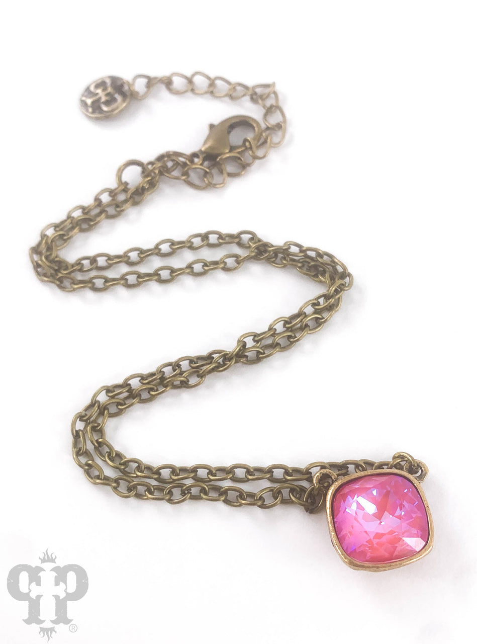 Austrian square crystal chain necklace by Pink Panache Brands featuring bronze iridescent 12mm crystals.