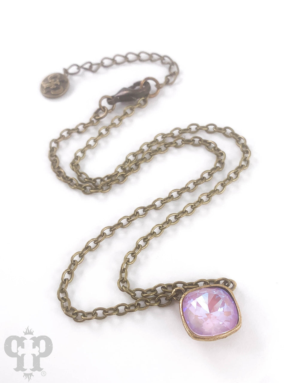Austrian square crystal chain necklace in bronze iridescent finish, 12mm, by Pink Panache Brands, featuring shimmering square crystals.