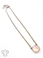Austrian square crystal chain necklace by Pink Panache Brands with bronze iridescent 12mm square crystals, close-up view.