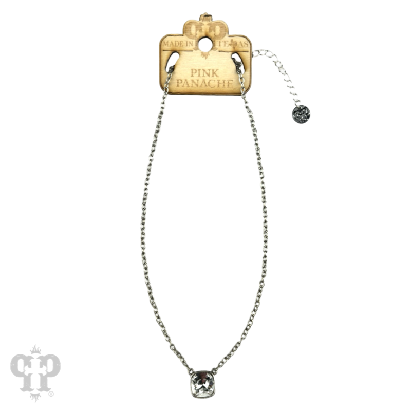 Austrian square crystal chain necklace by Pink Panache Brands with iridescent bronze crystals, 12mm size, close-up view.