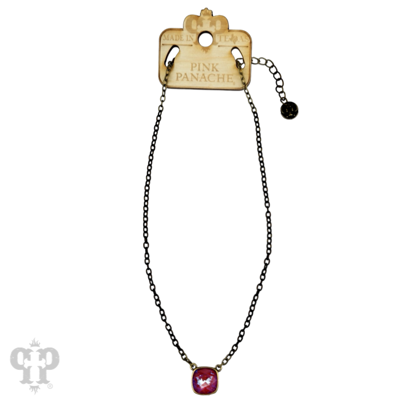 Austrian square crystal chain necklace by Pink Panache Brands, 12mm iridescent bronze chain with sparkling square crystals.