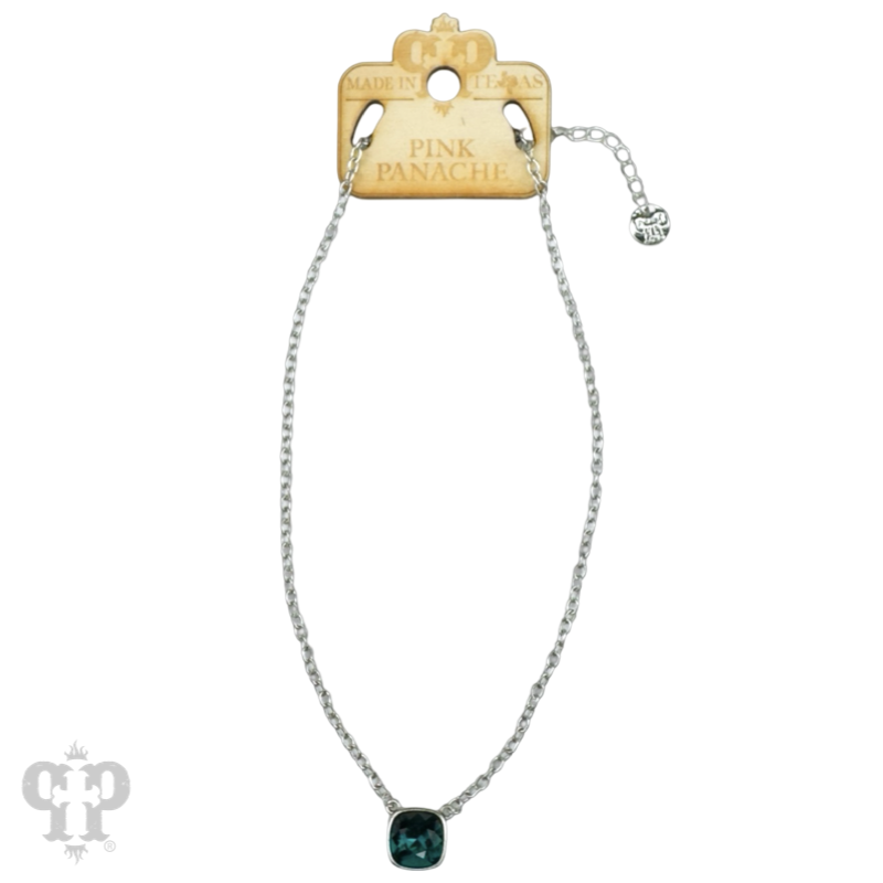 Austrian square crystal chain necklace by Pink Panache Brands featuring bronze iridescent 12mm crystals, close-up view of the jewelry.