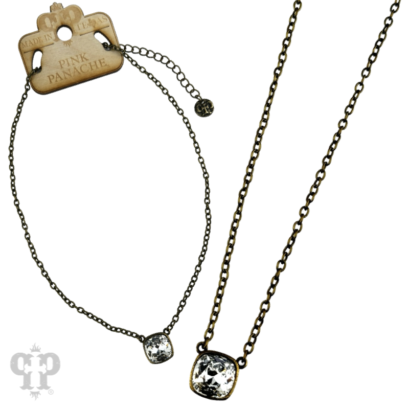 Austrian square crystal chain necklace by Pink Panache Brands featuring iridescent bronze 12mm crystals on a delicate chain.