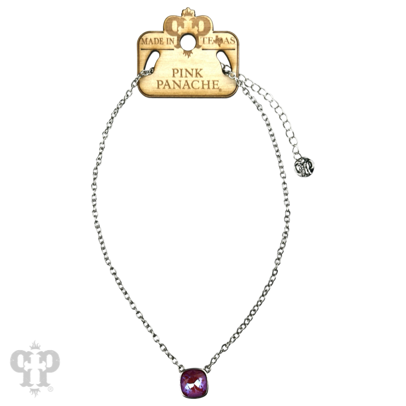 Austrian square crystal chain necklace by Pink Panache Brands with 12mm iridescent bronze crystals, stylish and elegant jewelry piece.
