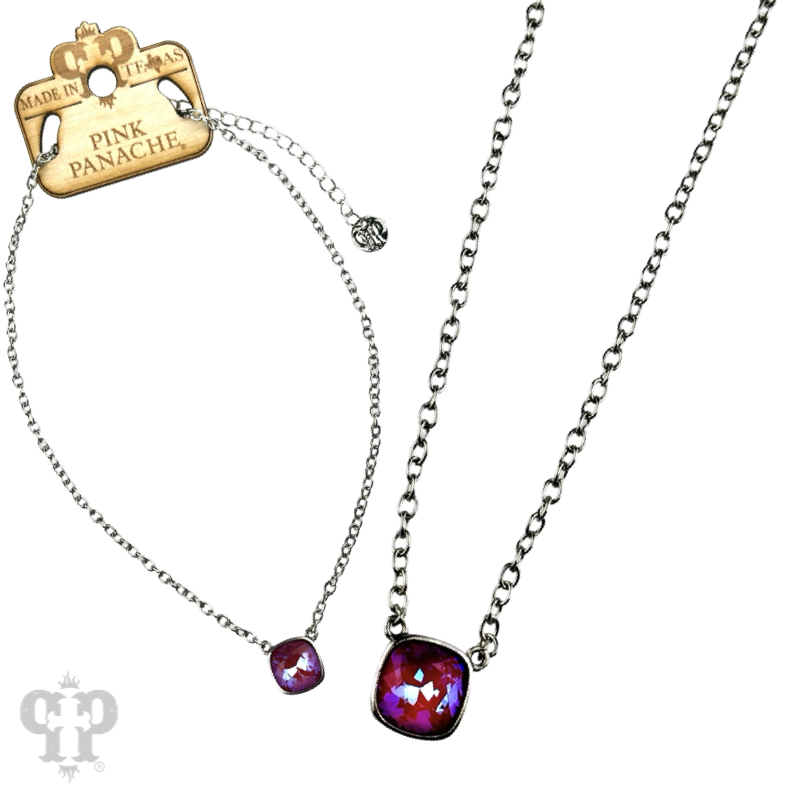 Austrian square crystal chain necklace by Pink Panache Brands with iridescent bronze 12mm crystals, close-up of the sparkling jewelry.