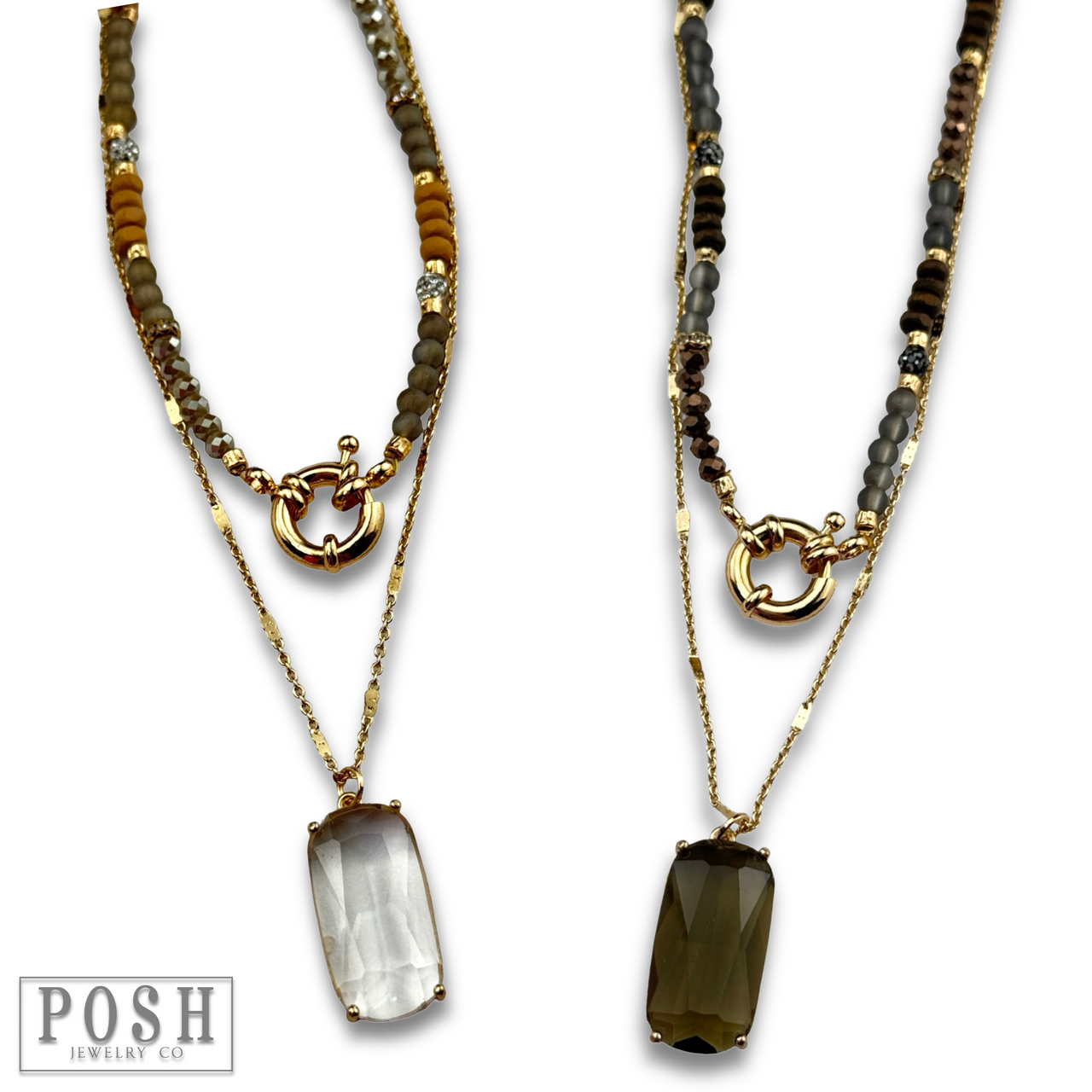 Brown necklace from Pink Panache Brands featuring a large glass pendant, stylish and eye-catching accessory for any outfit.