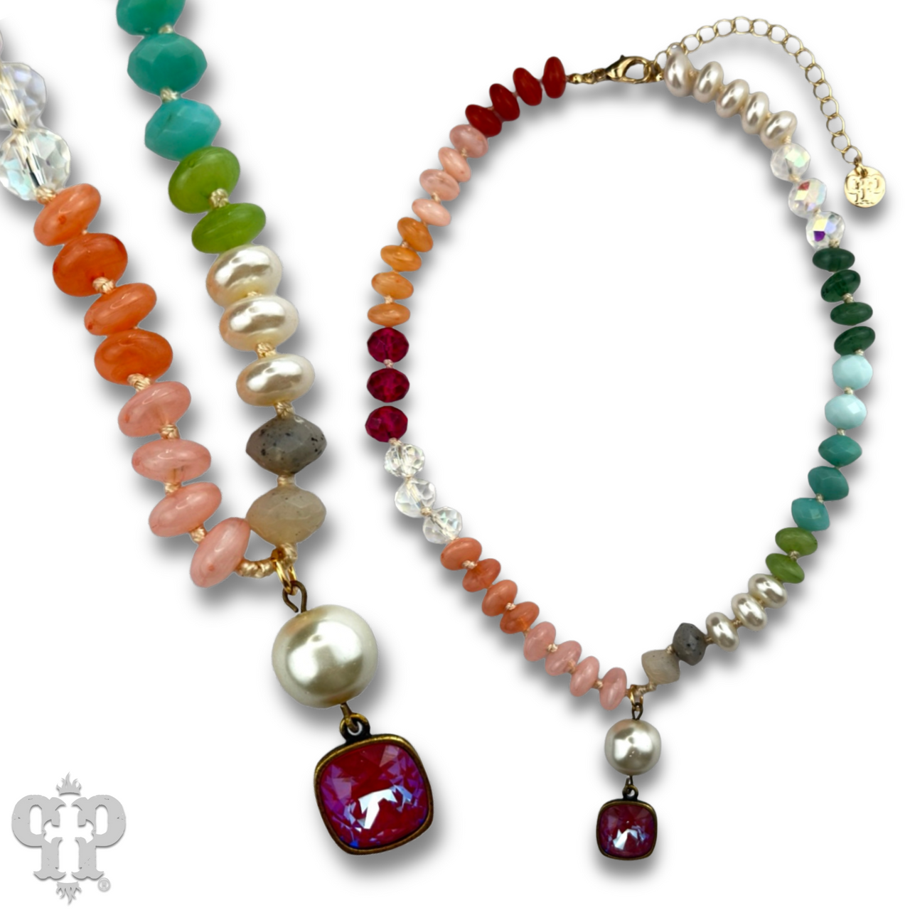Brown stone and faceted bead necklace with Austrian crystal, stylish jewelry piece by Pink Panache Brands.